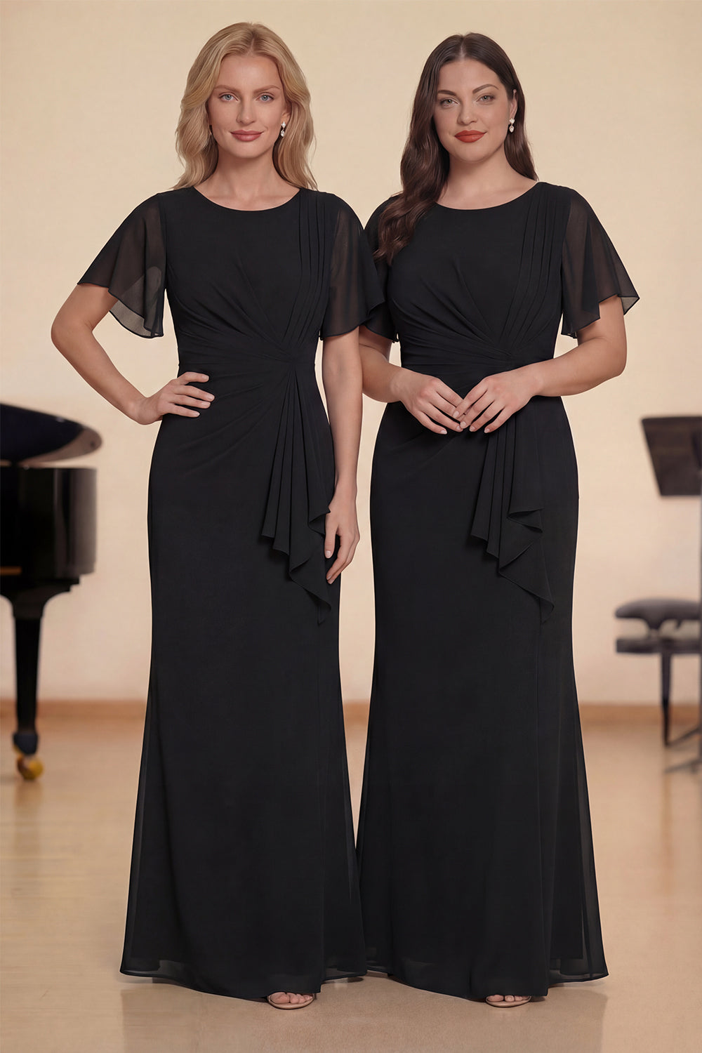 Robe de chorale longue fourreau en mousseline de soie bleu marine, avec col rond, drapée et ceinture