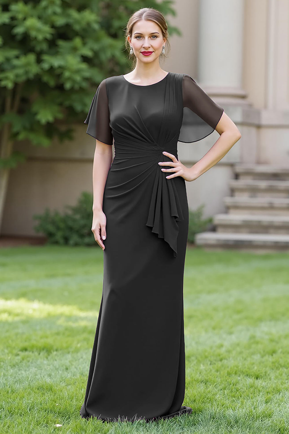 Robe de chorale longue fourreau en mousseline de soie bleu marine, avec col rond, drapée et ceinture
