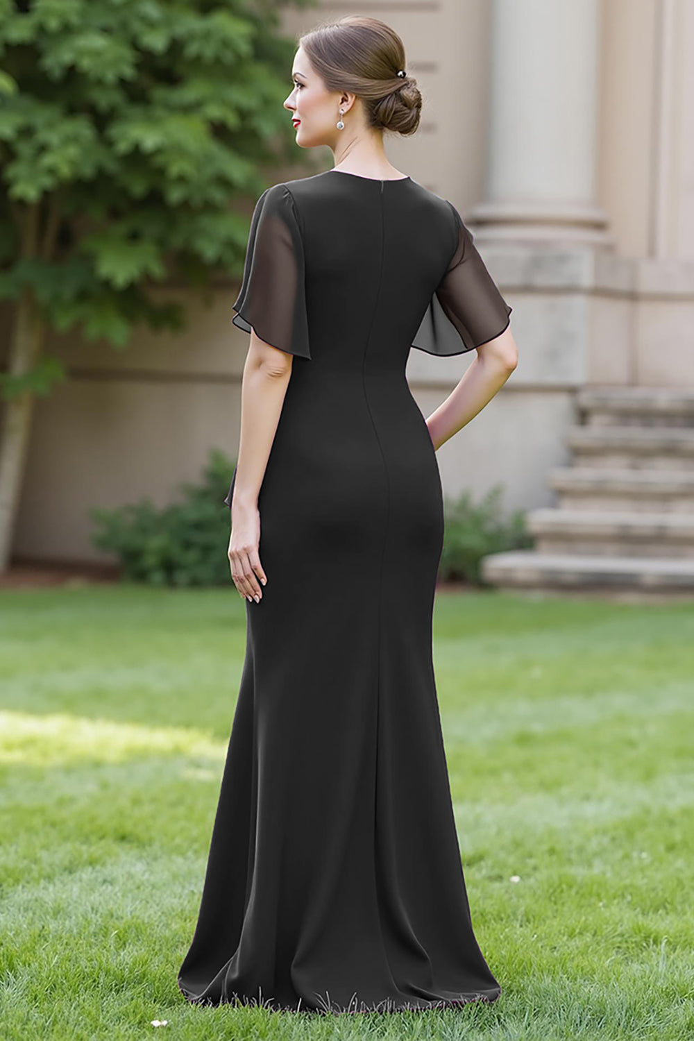 Robe de chorale longue fourreau en mousseline de soie bleu marine, avec col rond, drapée et ceinture