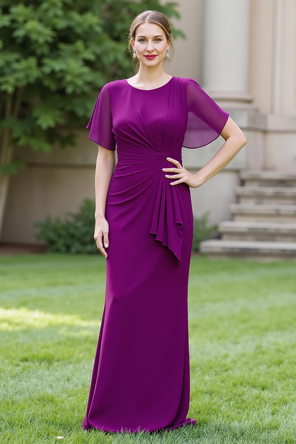 Robe de chorale longue fourreau en mousseline de soie bleu marine, avec col rond, drapée et ceinture
