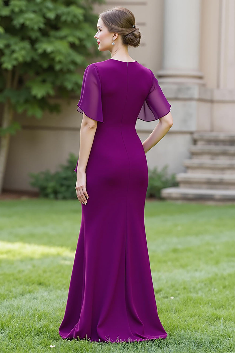 Robe de chorale longue fourreau en mousseline de soie bleu marine, avec col rond, drapée et ceinture