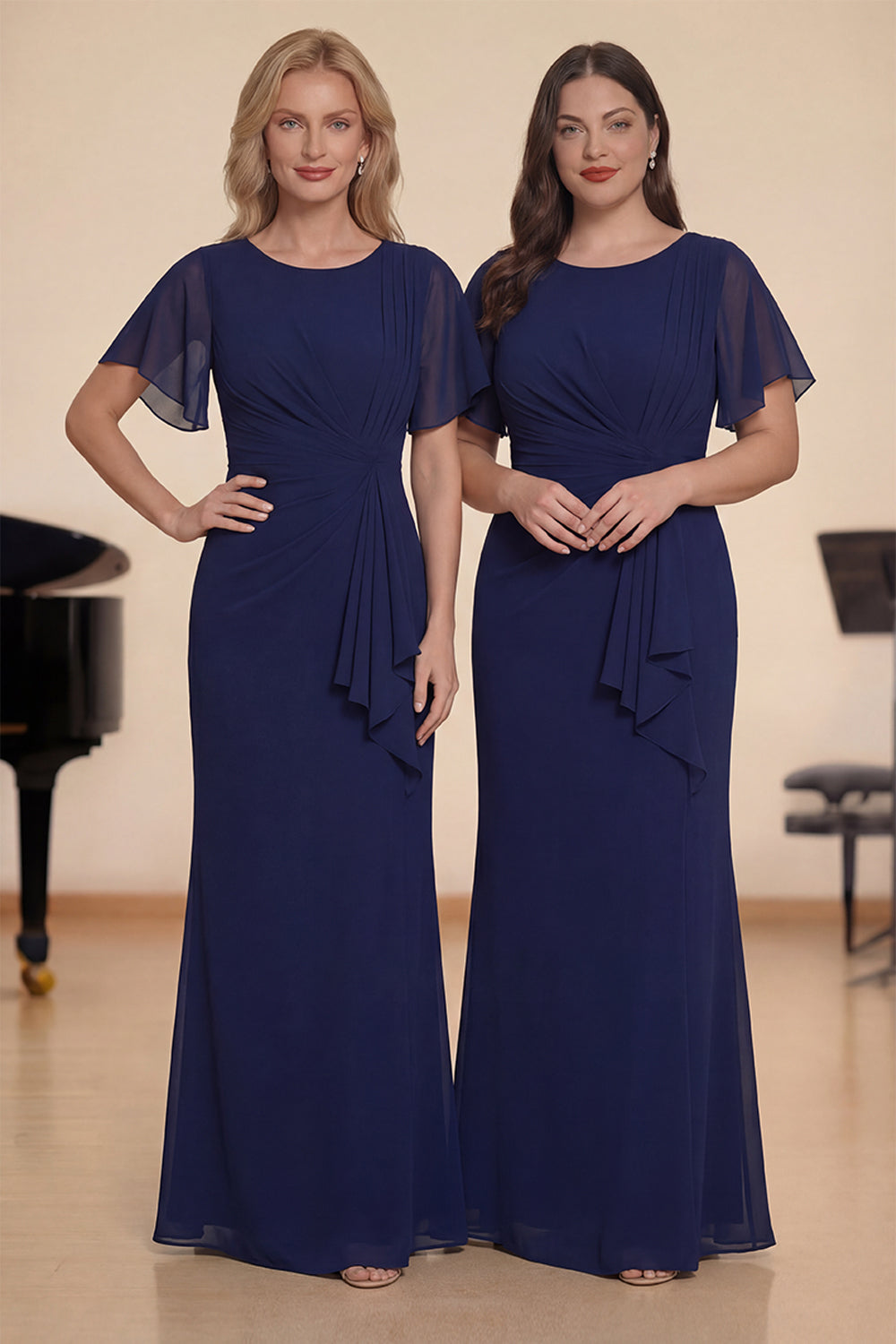 Robe de chorale longue fourreau en mousseline de soie bleu marine, avec col rond, drapée et ceinture