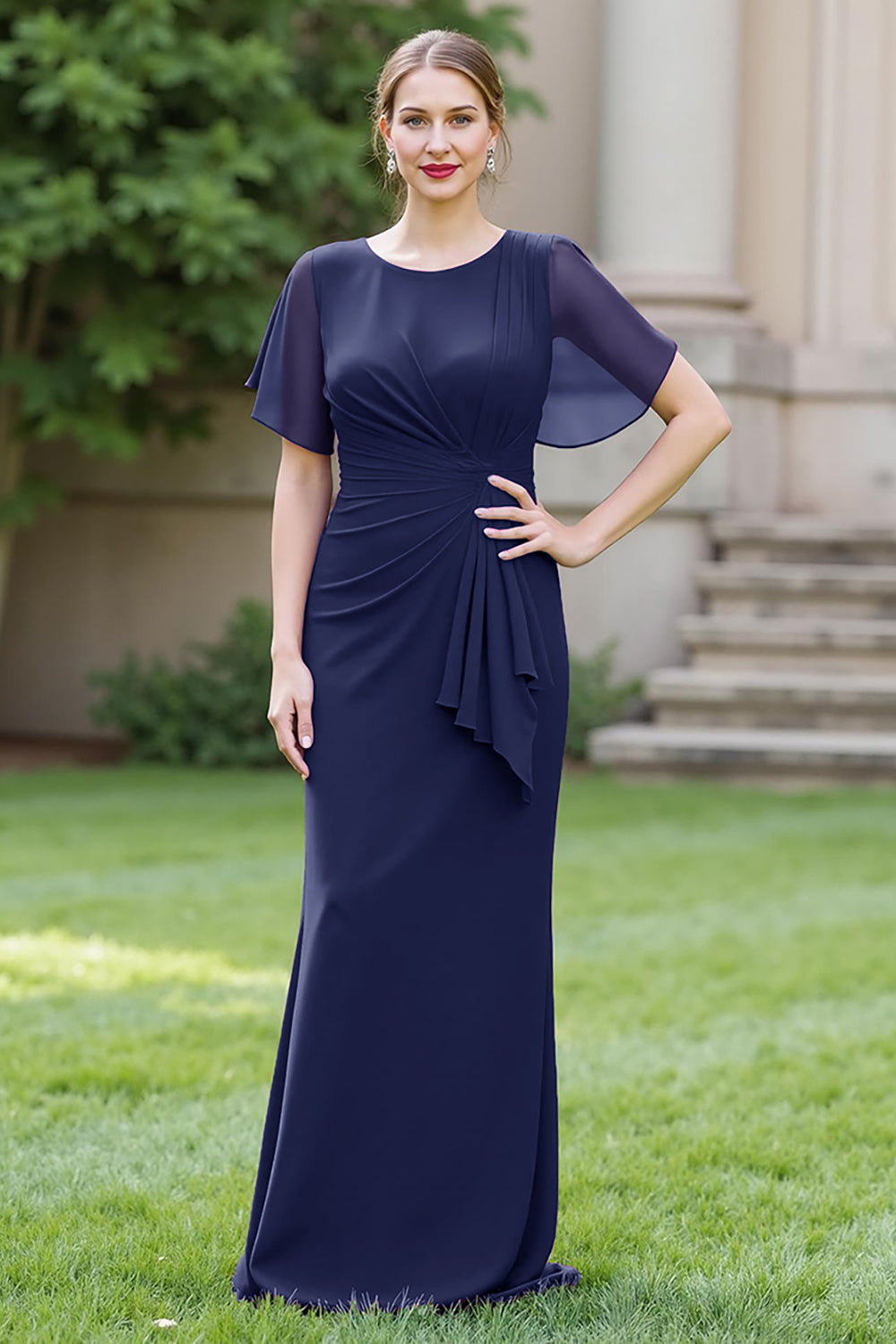 Robe de chorale longue fourreau en mousseline de soie bleu marine, avec col rond, drapée et ceinture