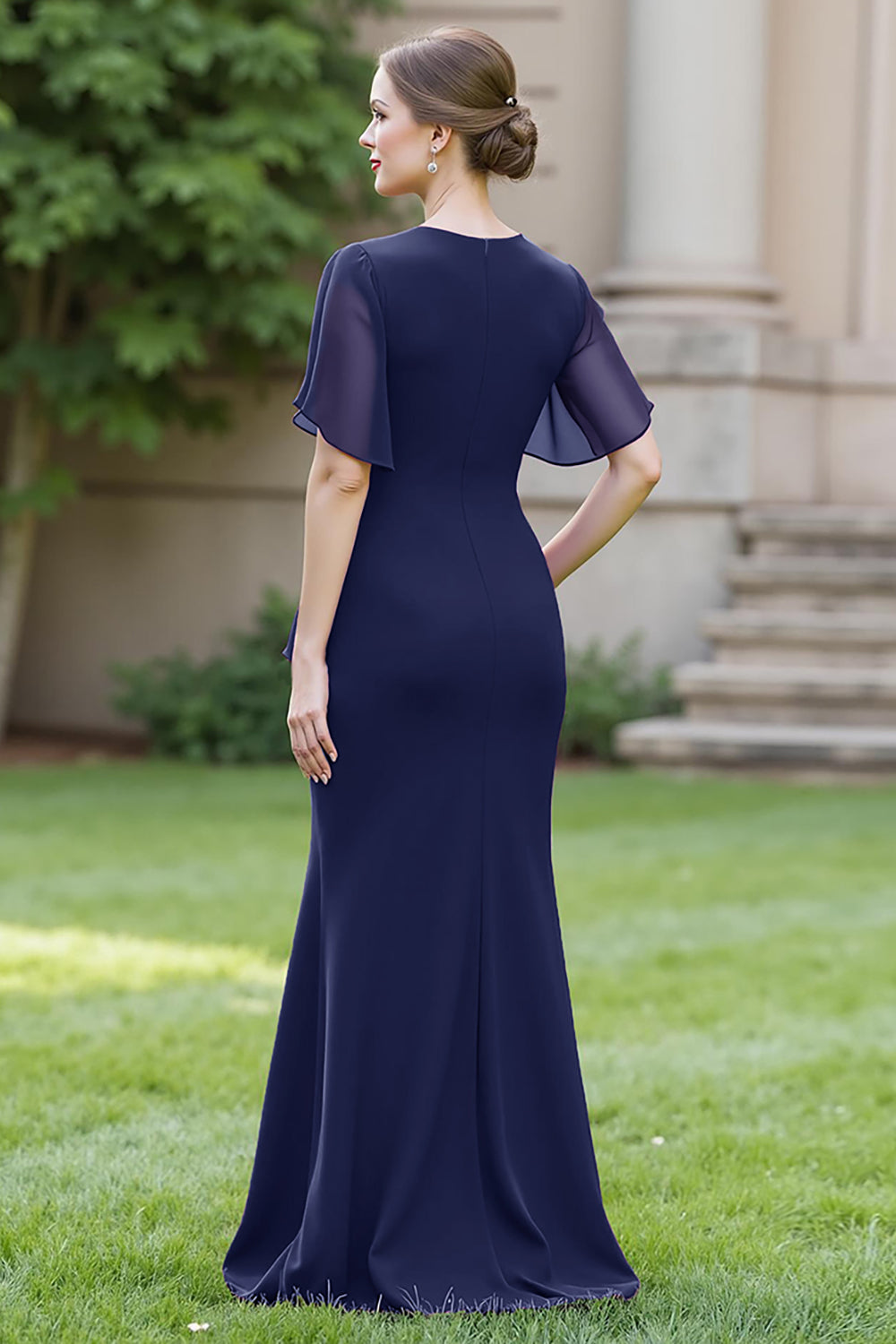 Robe de chorale longue fourreau en mousseline de soie bleu marine, avec col rond, drapée et ceinture