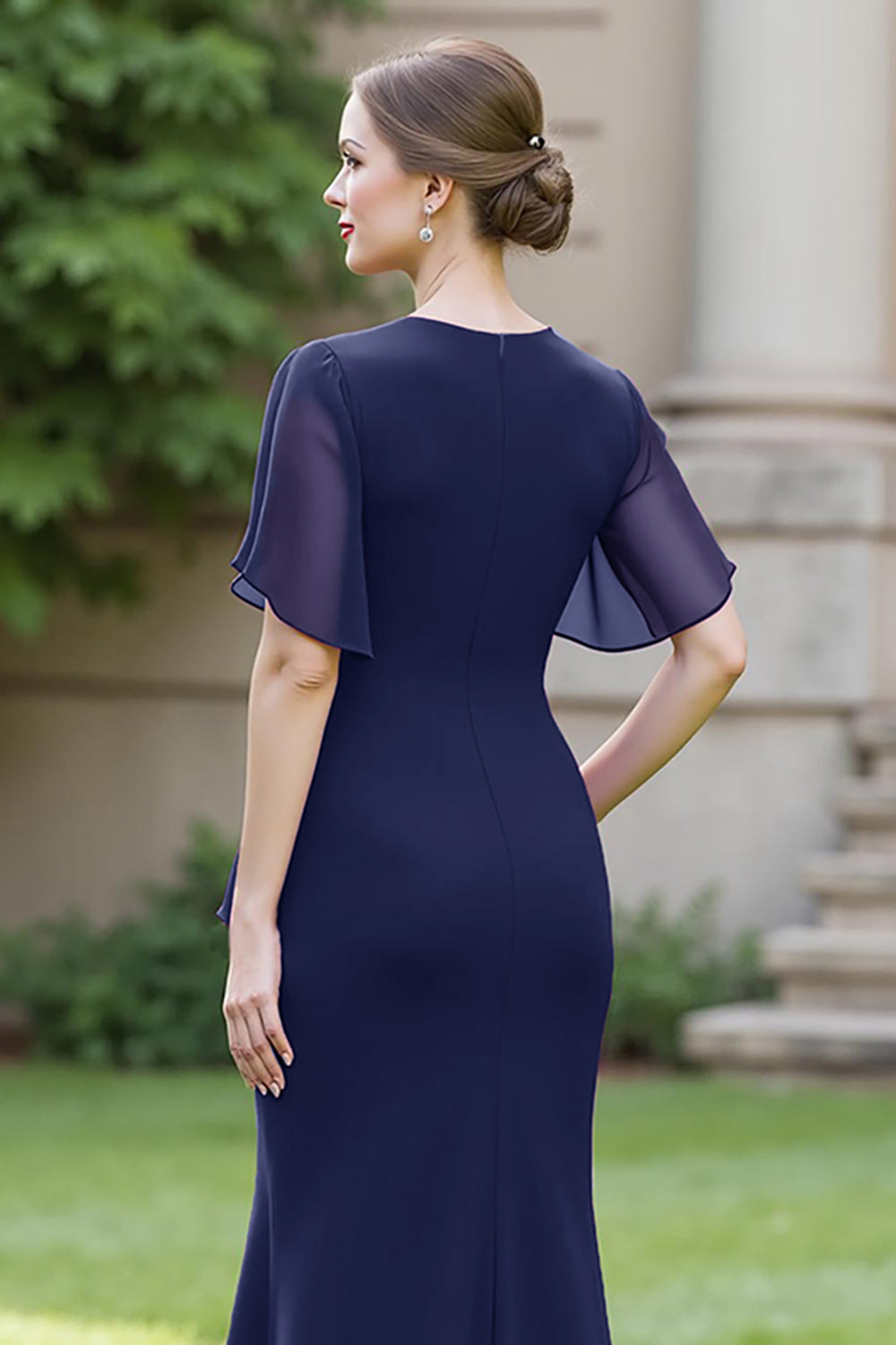 Robe de chorale longue fourreau en mousseline de soie bleu marine, avec col rond, drapée et ceinture