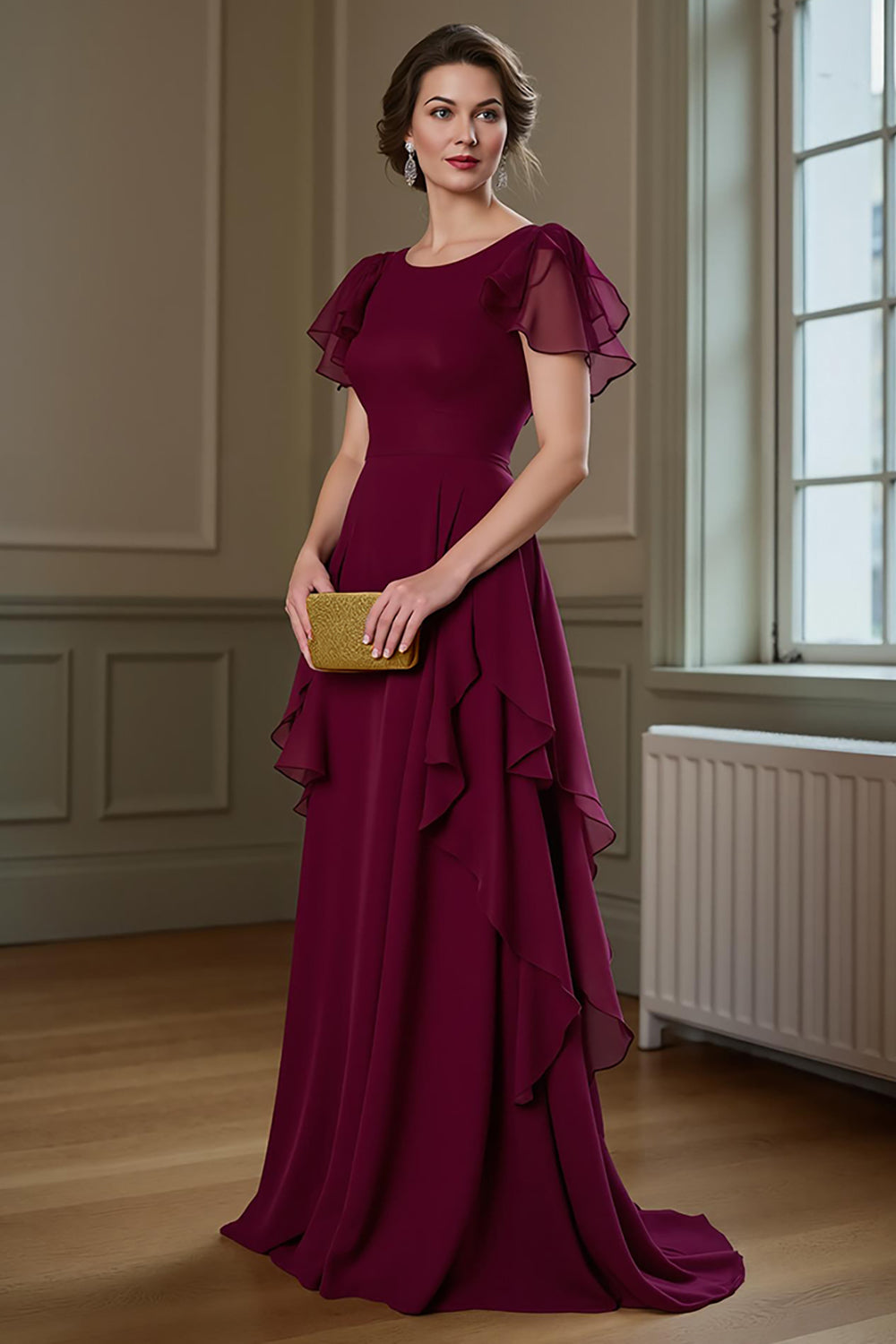 Robe de chorale longue en mousseline bordeaux évasée à volants et manches flottantes
