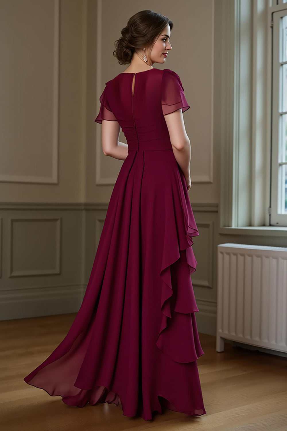 Robe de chorale longue en mousseline bordeaux évasée à volants et manches flottantes