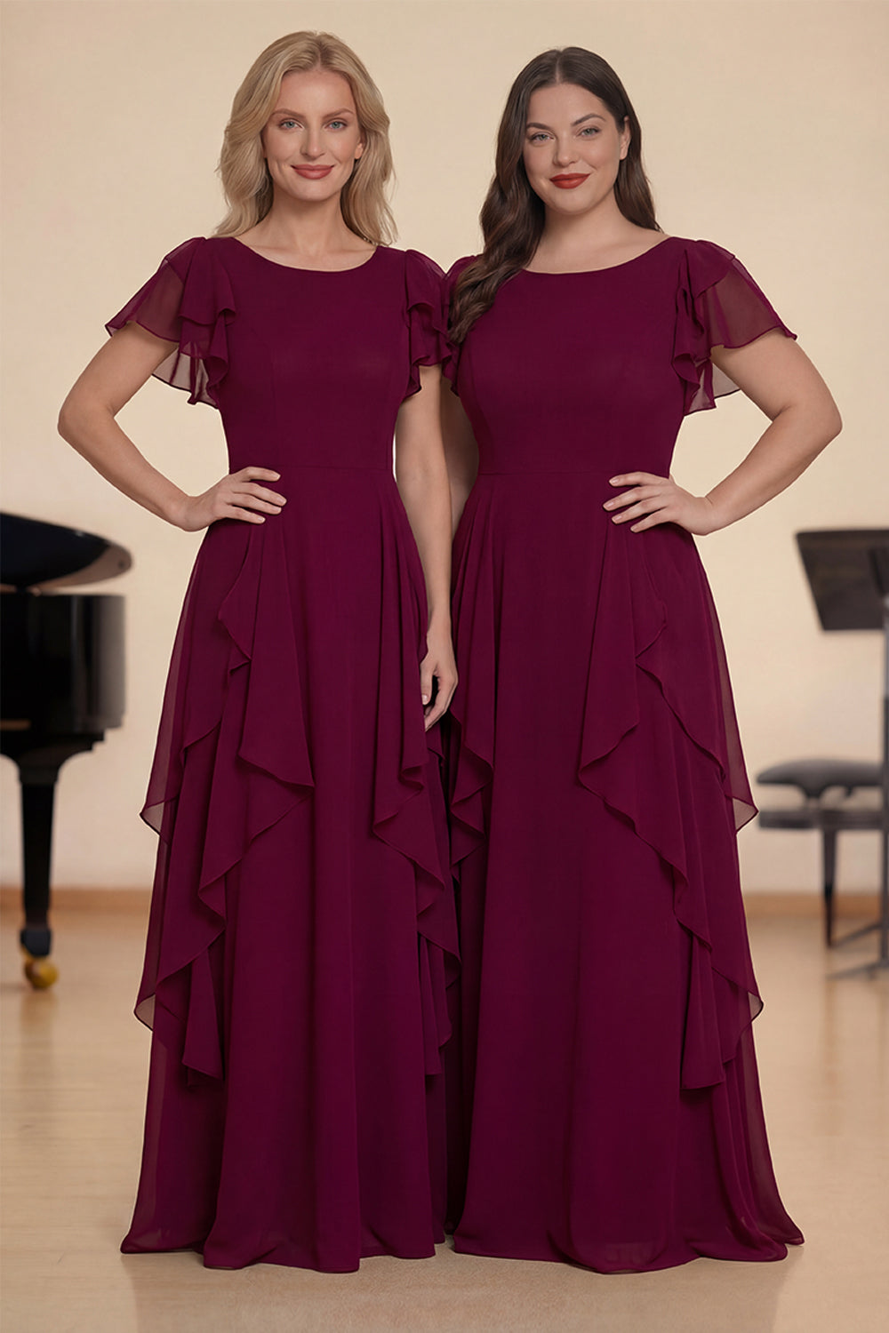 Robe de chorale longue en mousseline bordeaux évasée à volants et manches flottantes