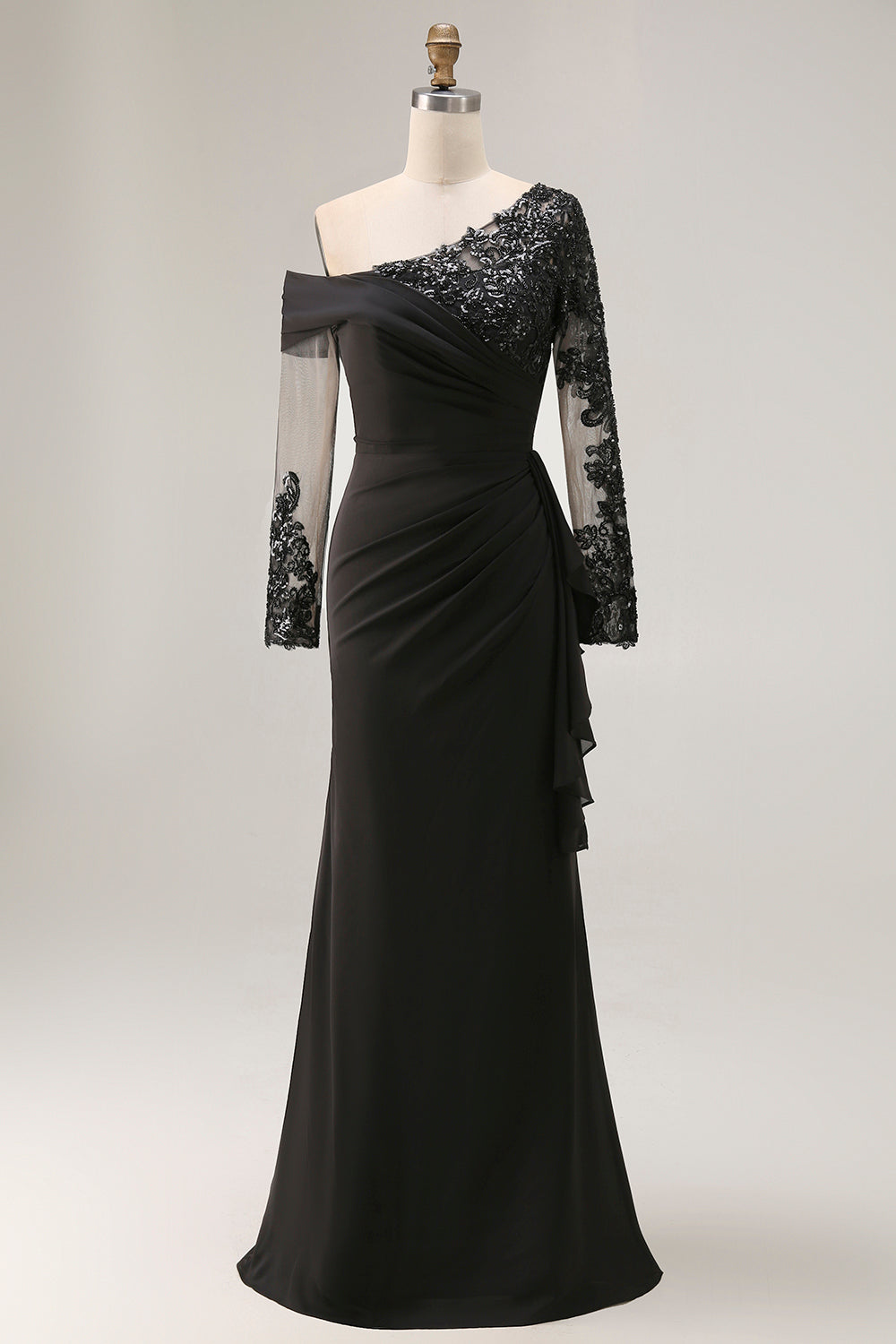 Robe de mariée noire gaine à manches longues et froncée, grande taille, pour la mère de la mariée