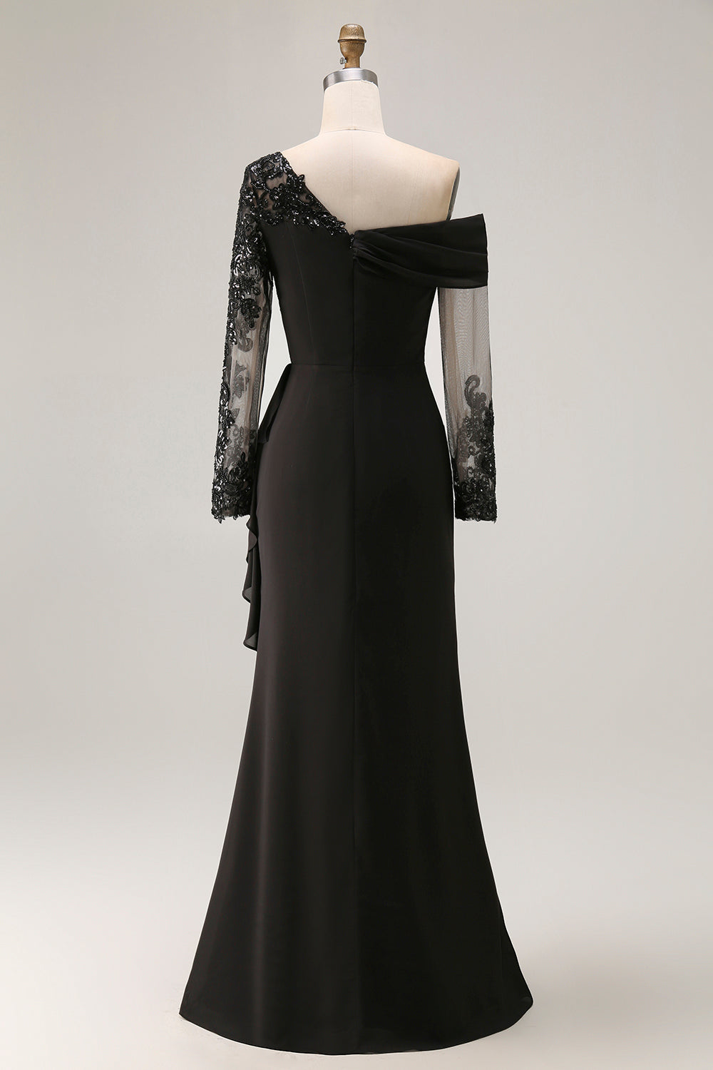 Robe de mariée noire gaine à manches longues et froncée, grande taille, pour la mère de la mariée