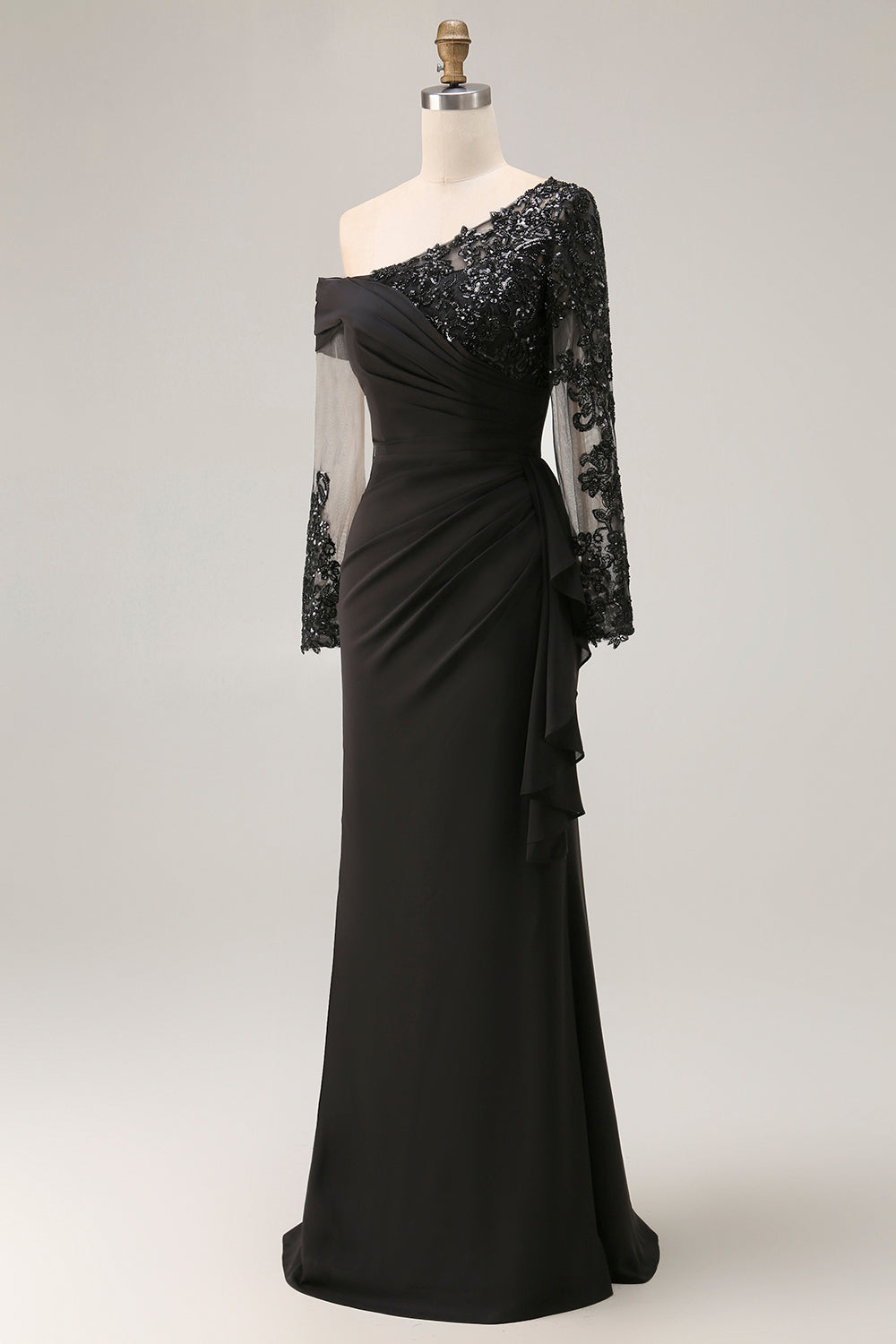 Robe de mariée noire gaine à manches longues et froncée, grande taille, pour la mère de la mariée
