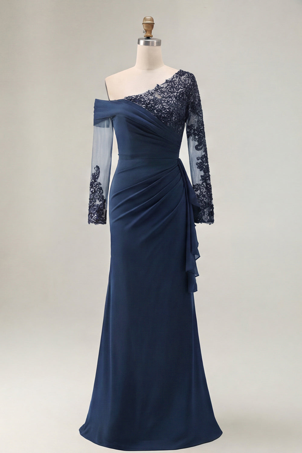 Robe de mariée noire gaine à manches longues et froncée, grande taille, pour la mère de la mariée