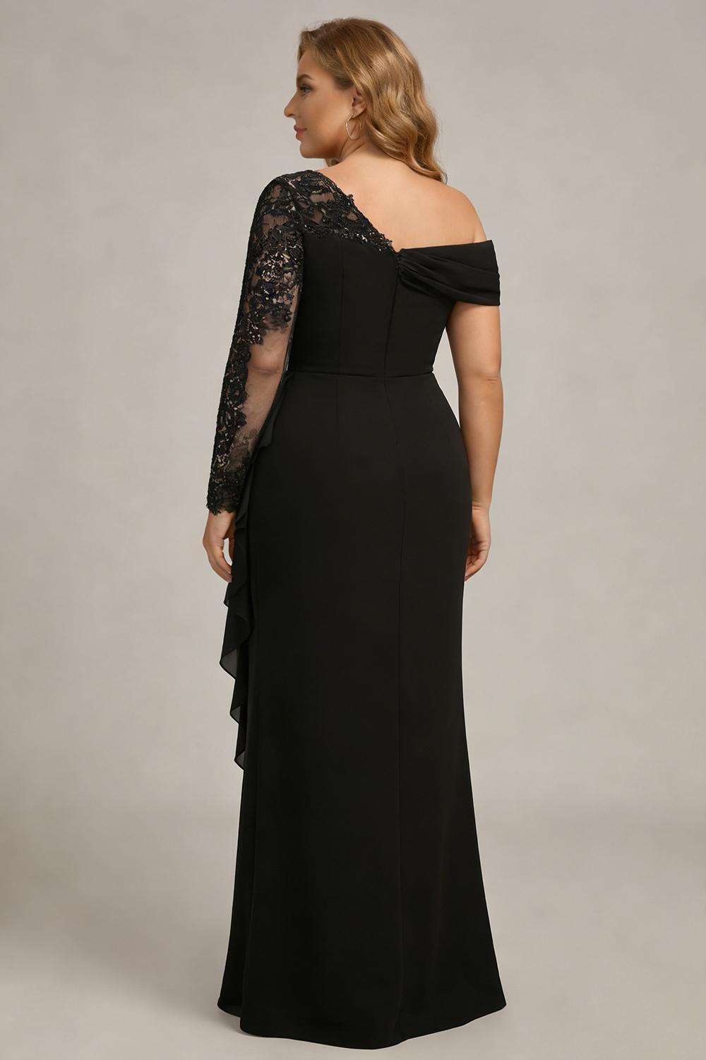 Robe de mariée noire gaine à manches longues et froncée, grande taille, pour la mère de la mariée