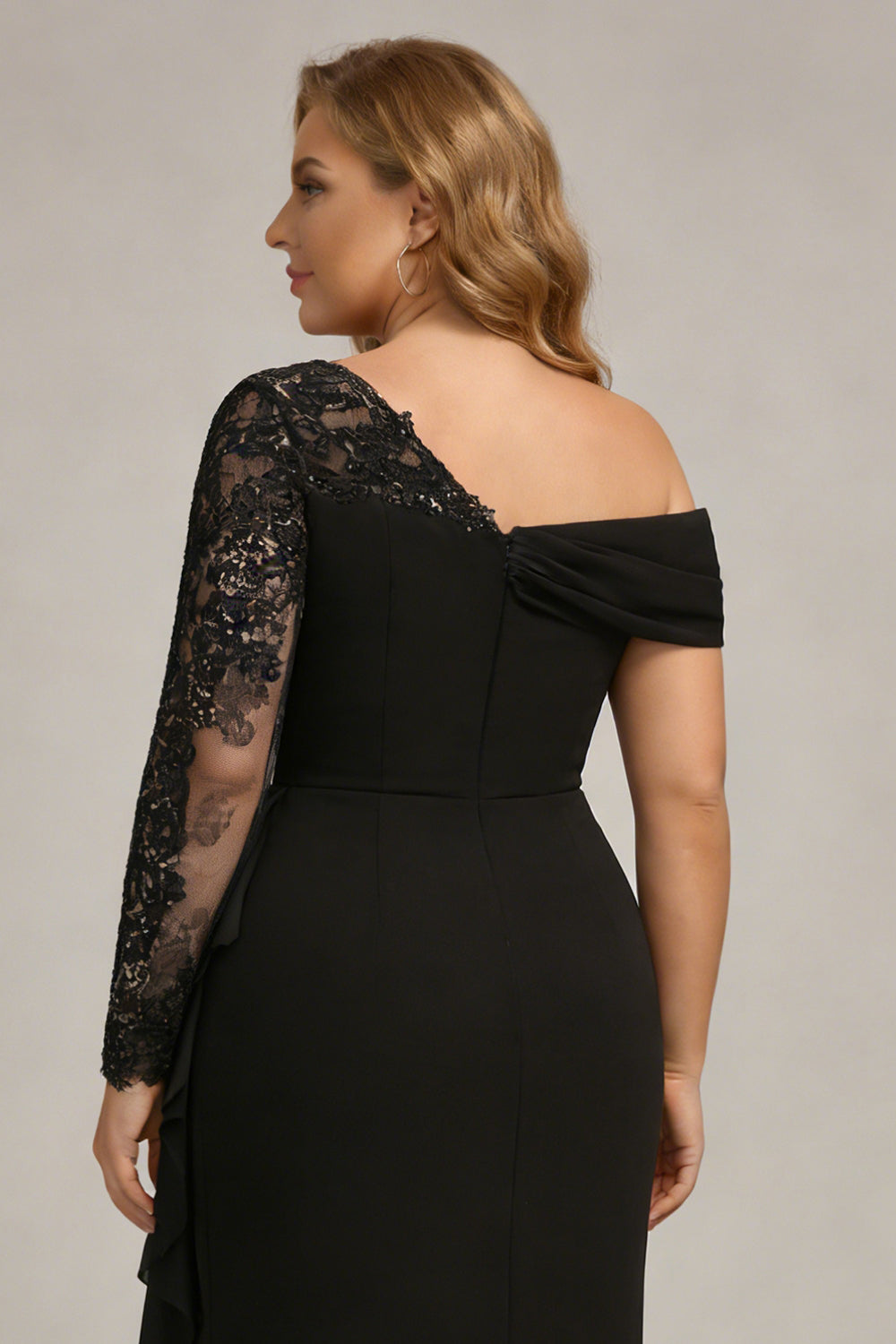 Robe de mariée noire gaine à manches longues et froncée, grande taille, pour la mère de la mariée