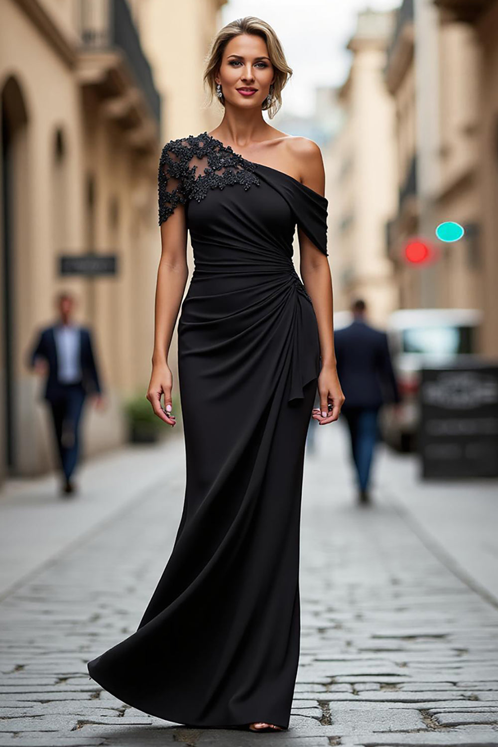 Black One-Shoulder Mermaid Ruched Appliqued Long Choir Dress