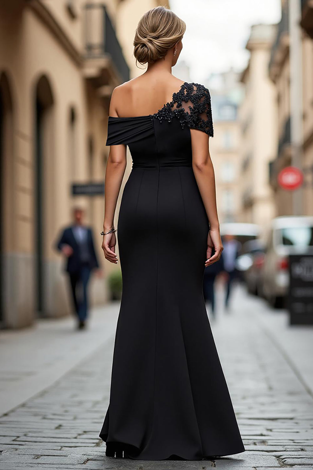 Black One-Shoulder Mermaid Ruched Appliqued Long Choir Dress
