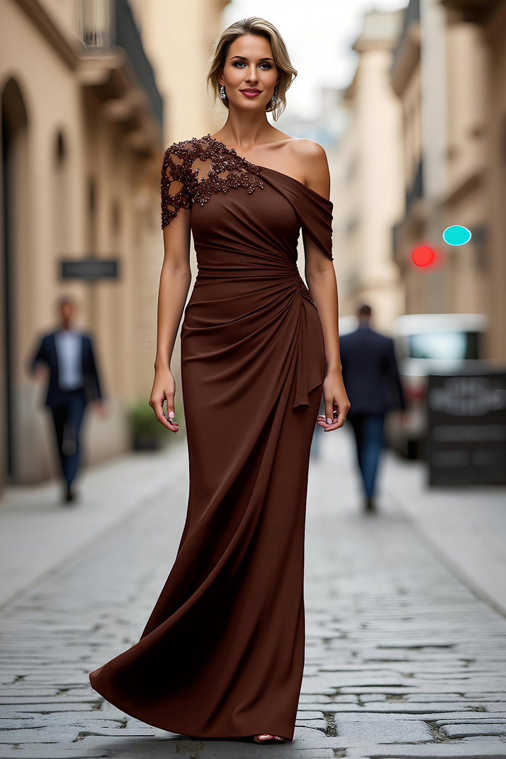 Black One-Shoulder Mermaid Ruched Appliqued Long Choir Dress