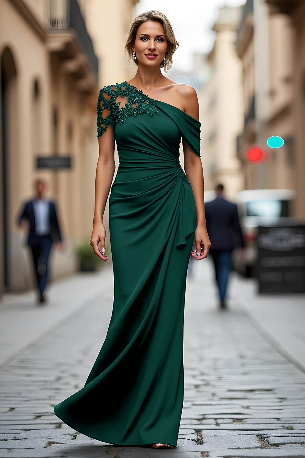 Black One-Shoulder Mermaid Ruched Appliqued Long Choir Dress