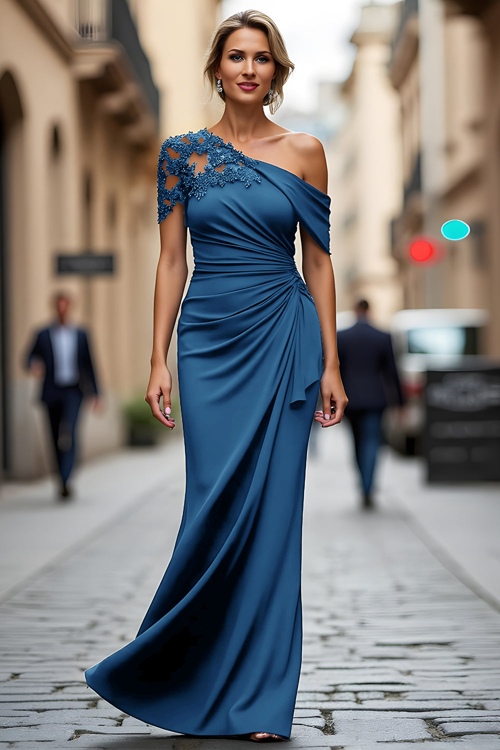 Black One-Shoulder Mermaid Ruched Appliqued Long Choir Dress