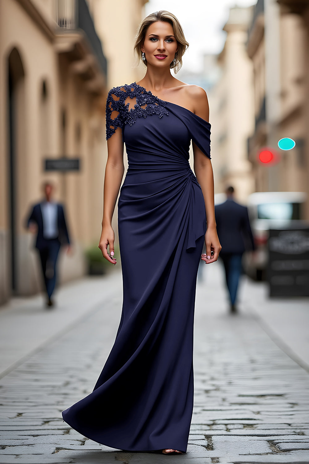 Black One-Shoulder Mermaid Ruched Appliqued Long Choir Dress