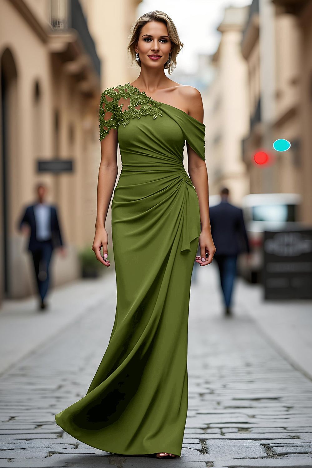 Black One-Shoulder Mermaid Ruched Appliqued Long Choir Dress