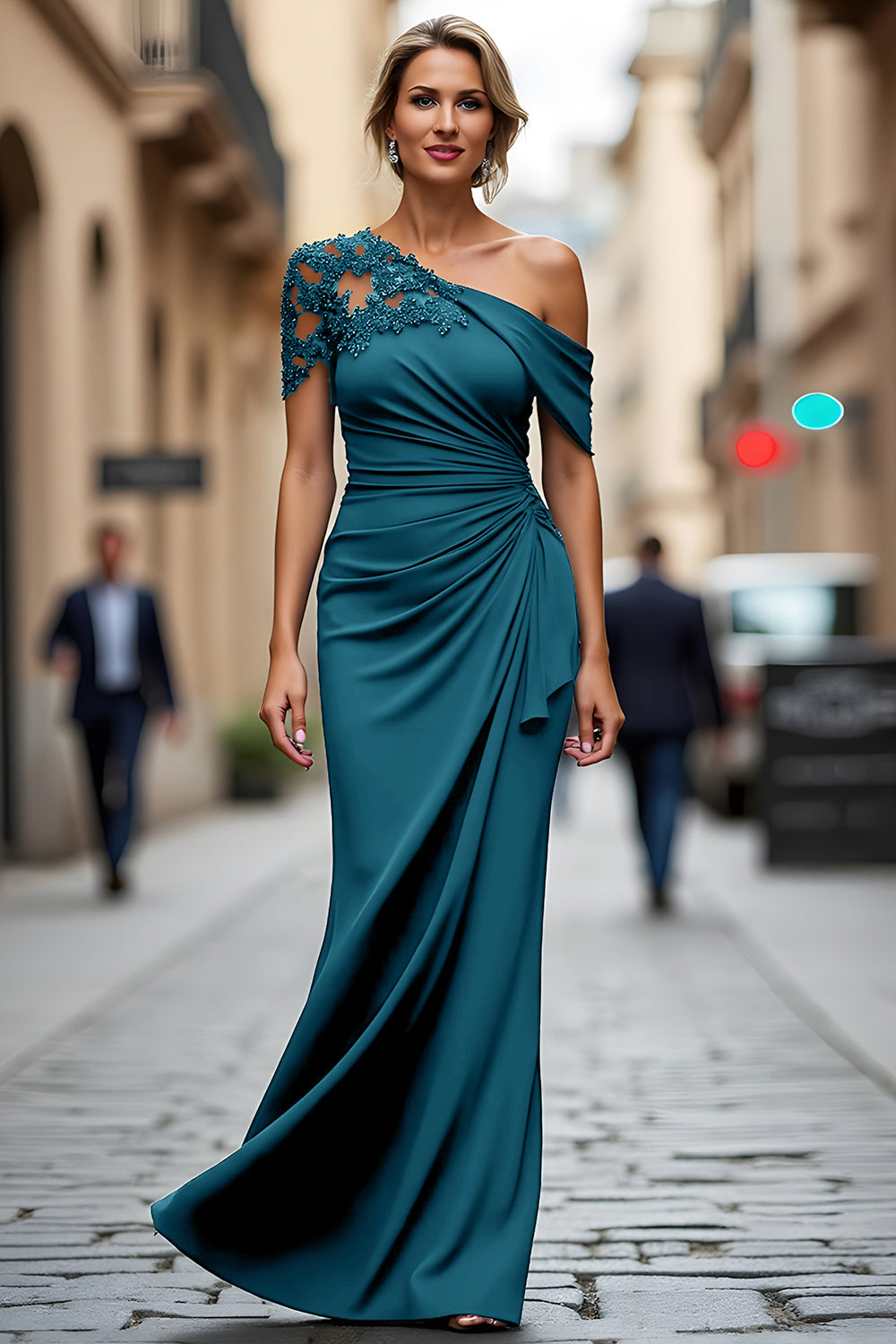 Black One-Shoulder Mermaid Ruched Appliqued Long Choir Dress