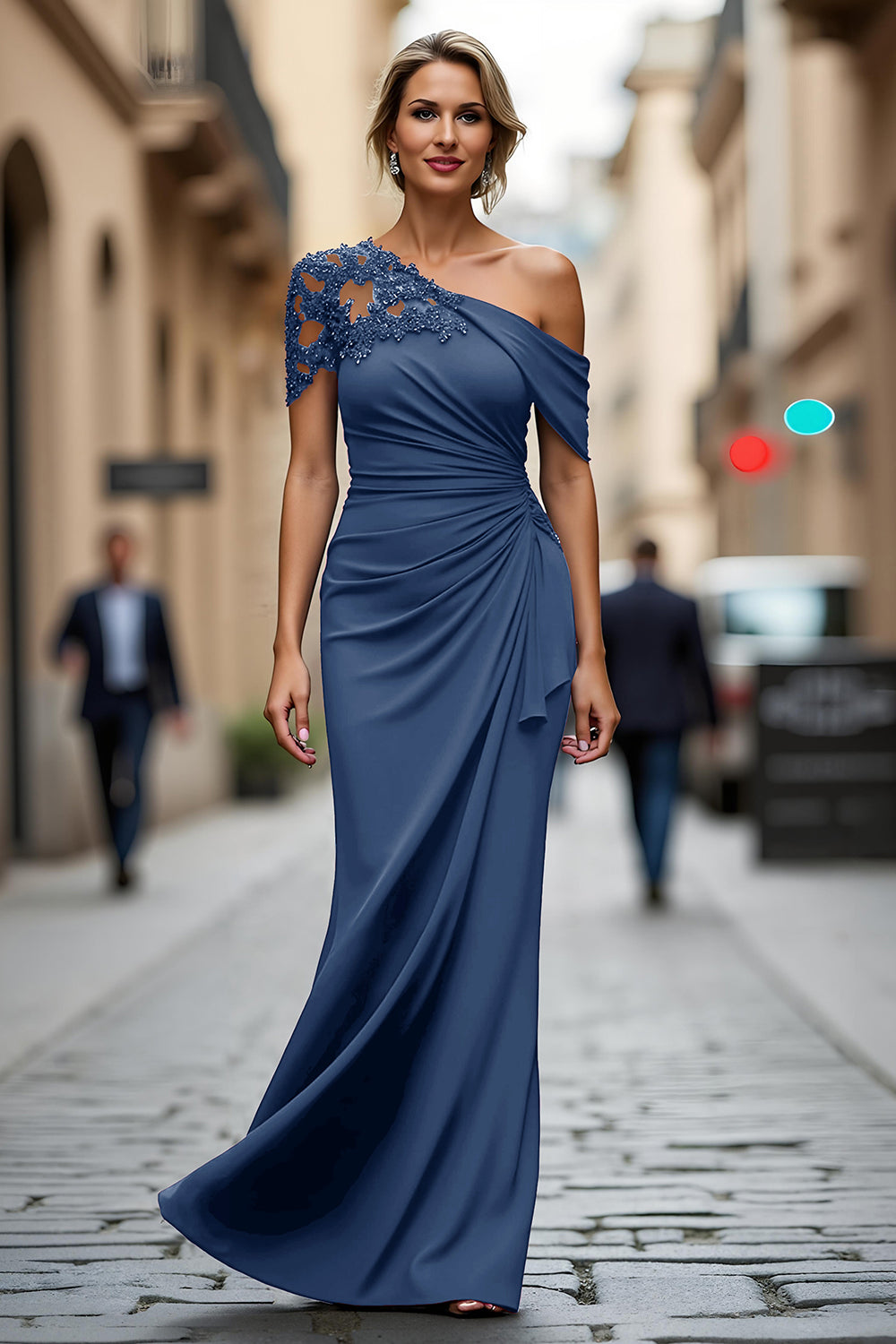 Black One-Shoulder Mermaid Ruched Appliqued Long Choir Dress