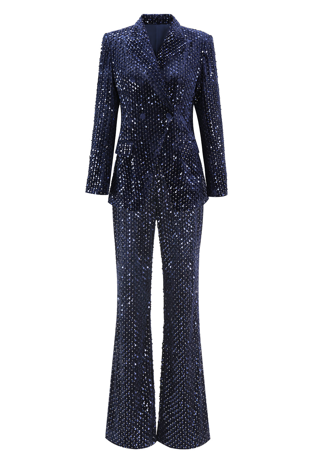 2-Piece Sequin Peak Lapel Double-Breasted Navy Women's Prom Suit