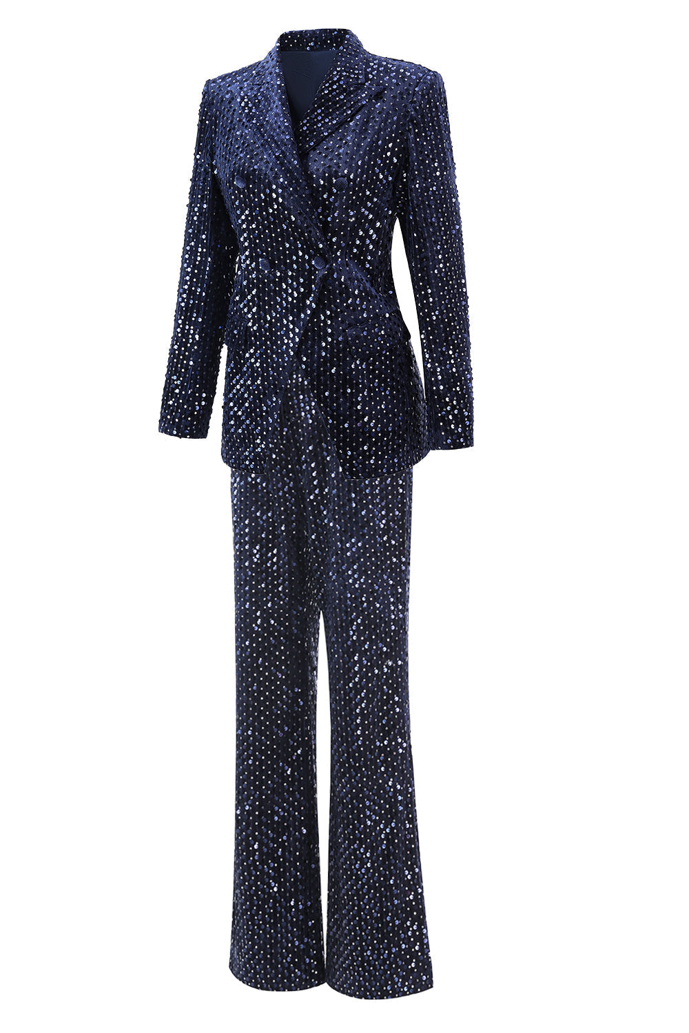 2-Piece Sequin Peak Lapel Double-Breasted Navy Women's Prom Suit