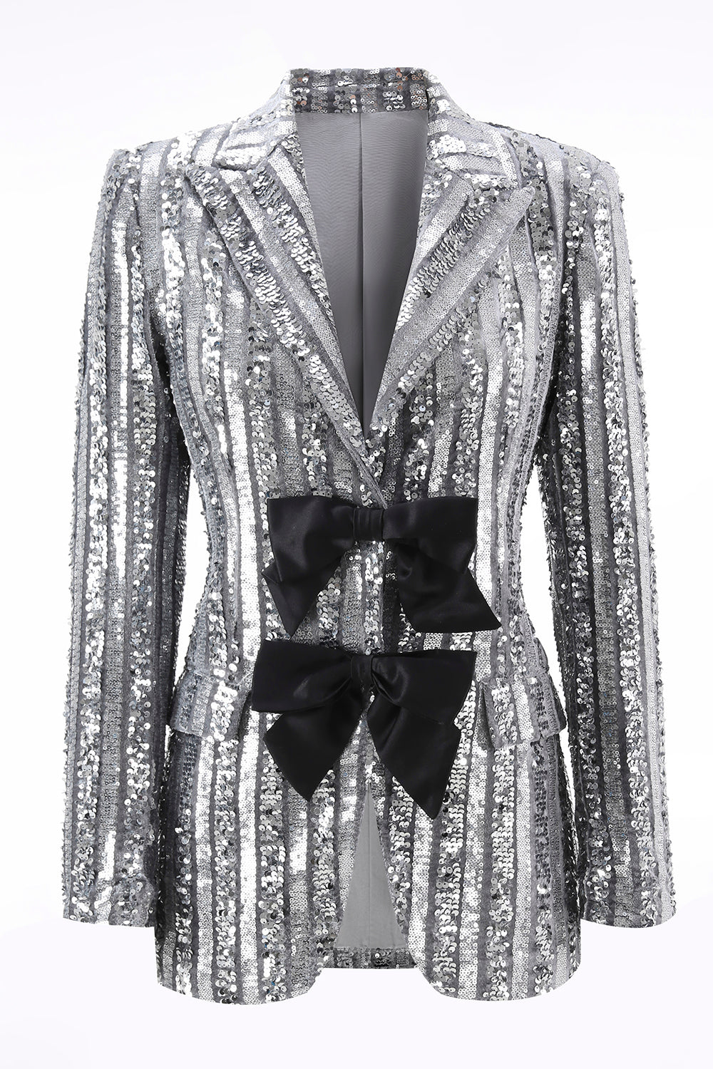 Blazer de bal pour femme gris argenté scintillant à revers crantés avec nœuds