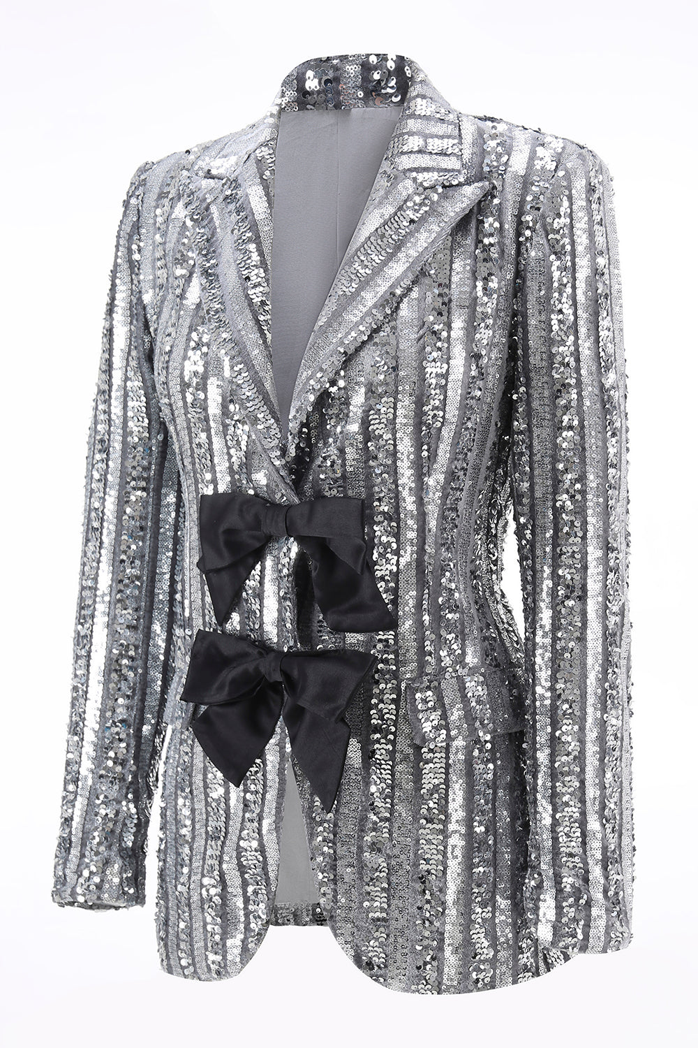 Blazer de bal pour femme gris argenté scintillant à revers crantés avec nœuds