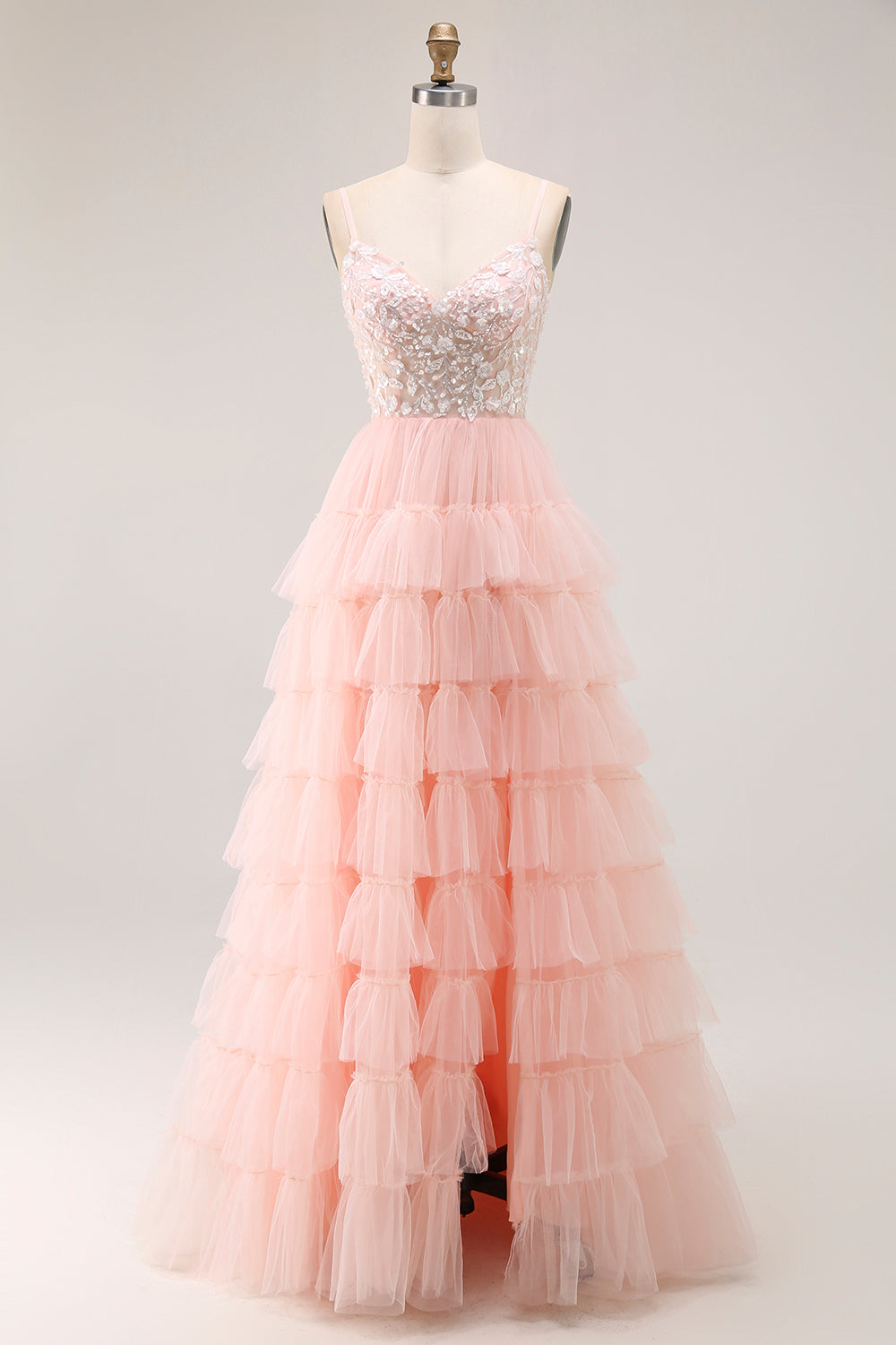 Robe de bal longue évasée rose poudré avec corset, sequins, volants superposés et appliqués