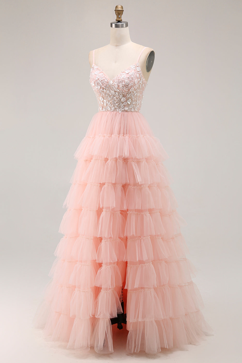 Robe de bal longue évasée rose poudré avec corset, sequins, volants superposés et appliqués