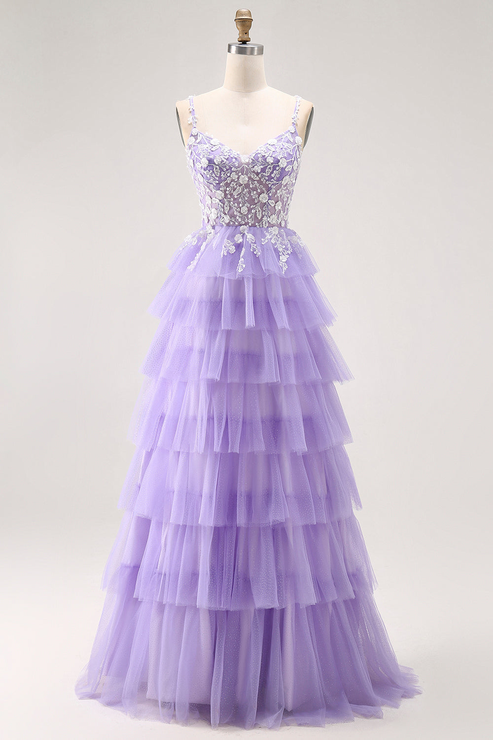Vestido largo de fiesta de tul con lentejuelas moradas de línea A con corsé y volantes con espalda con cordones
