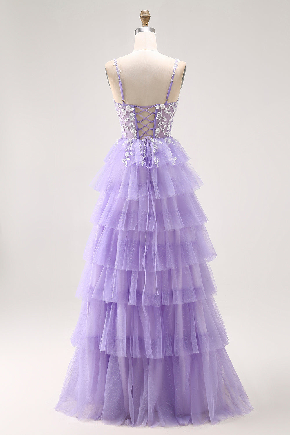 Vestido largo de fiesta de tul con lentejuelas moradas de línea A con corsé y volantes con espalda con cordones