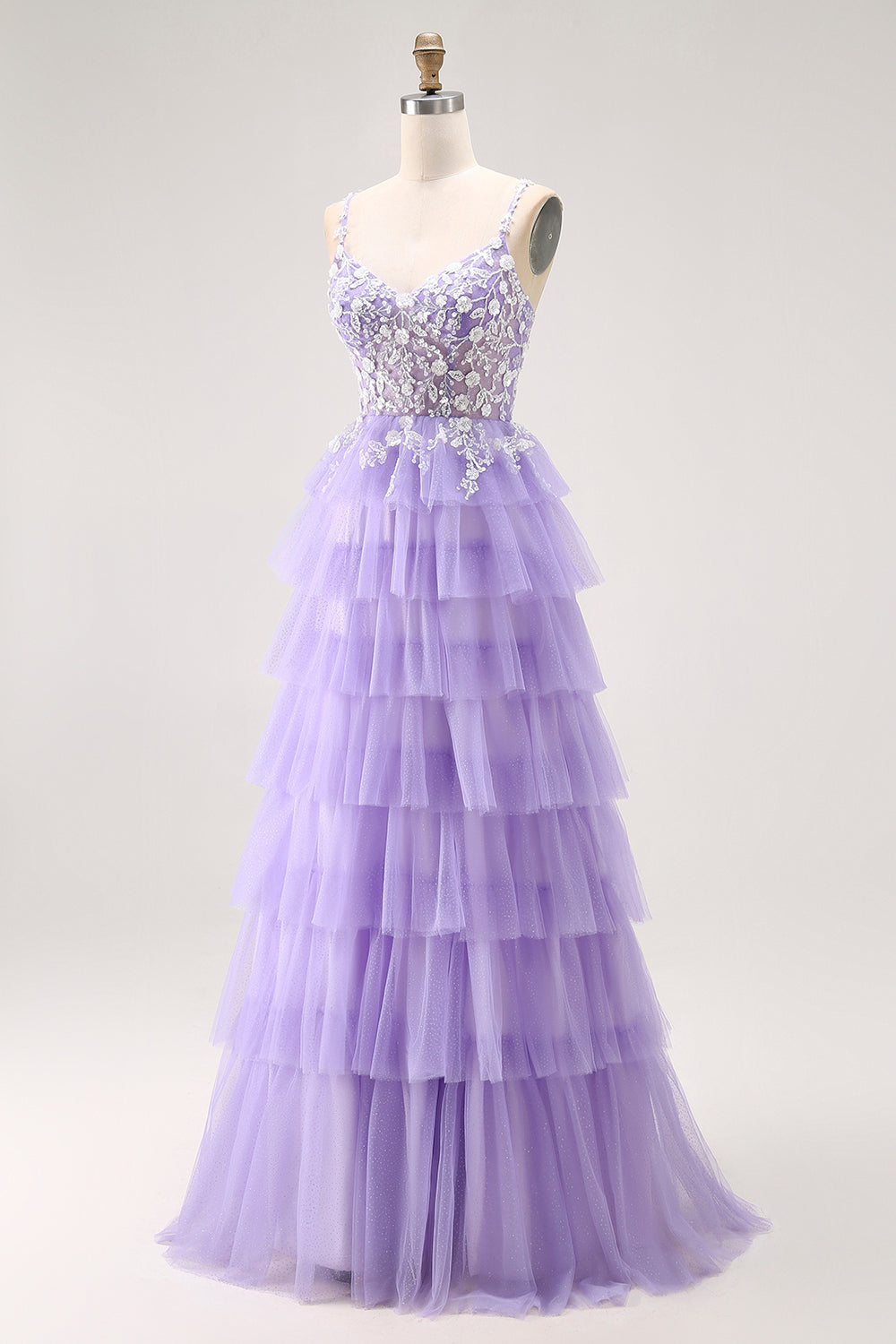 Vestido largo de fiesta de tul con lentejuelas moradas de línea A con corsé y volantes con espalda con cordones