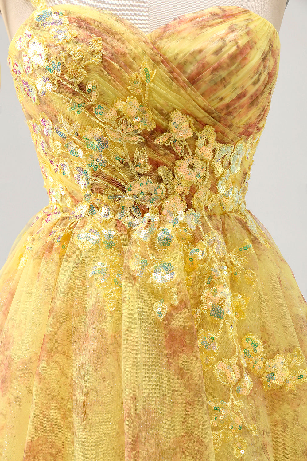 Yellow One Shoulder Sequins Printed A Line Short Prom Dress