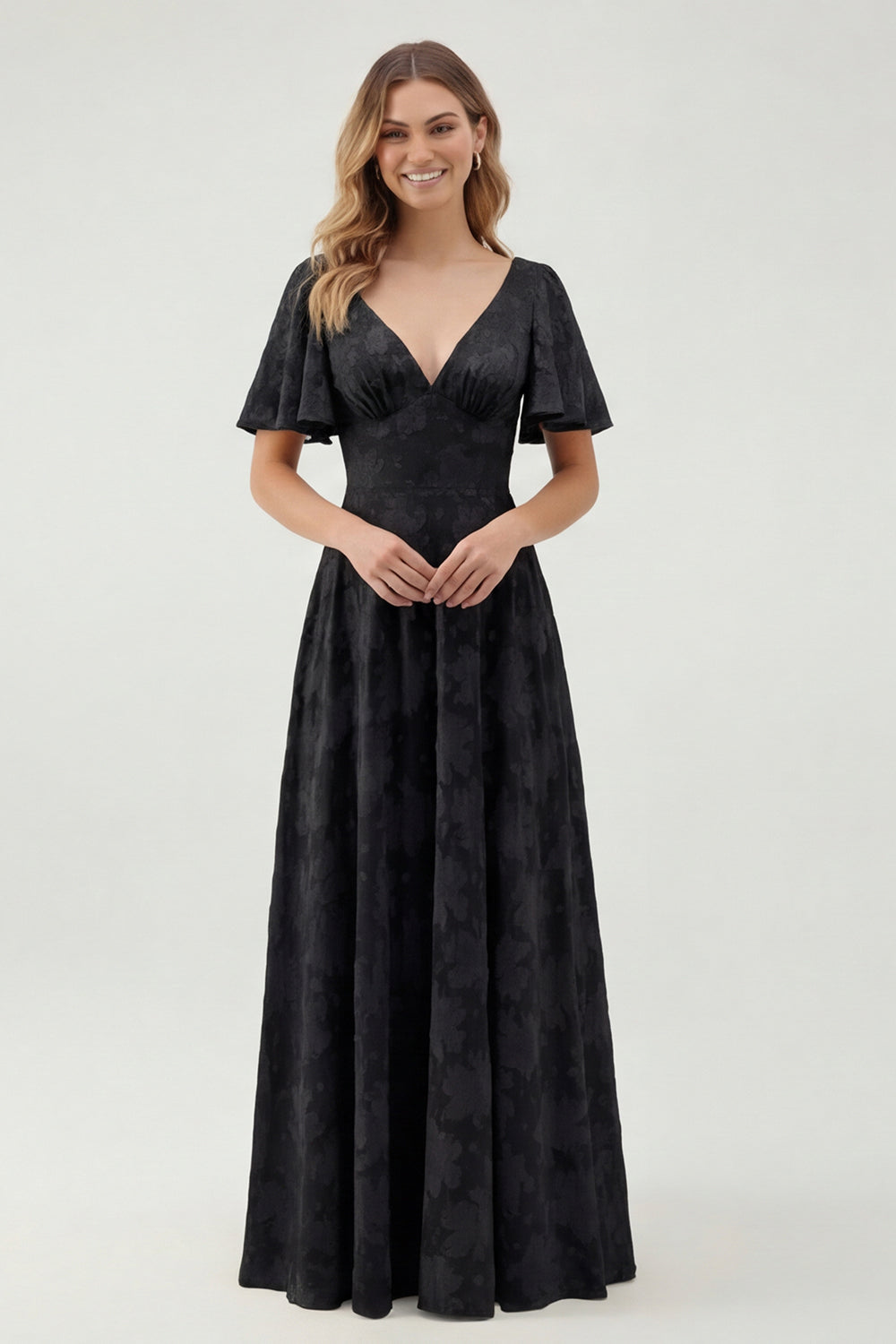 Robe longue de demoiselle d'honneur vert fleuri trapèze décolleté en V à manches courtes