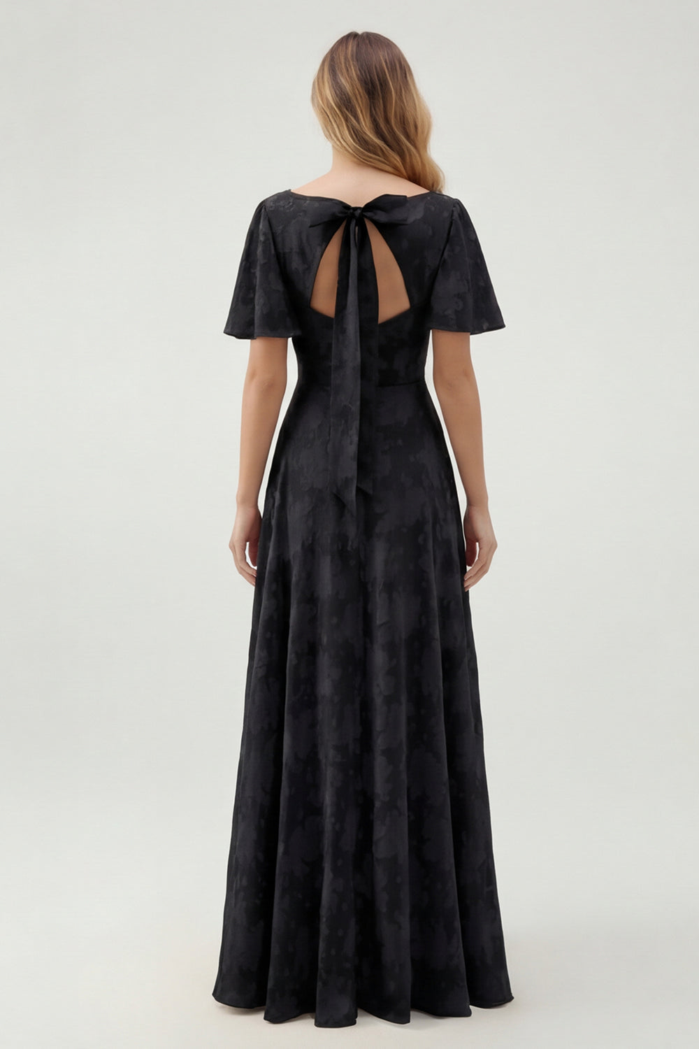 Robe longue de demoiselle d'honneur vert fleuri trapèze décolleté en V à manches courtes