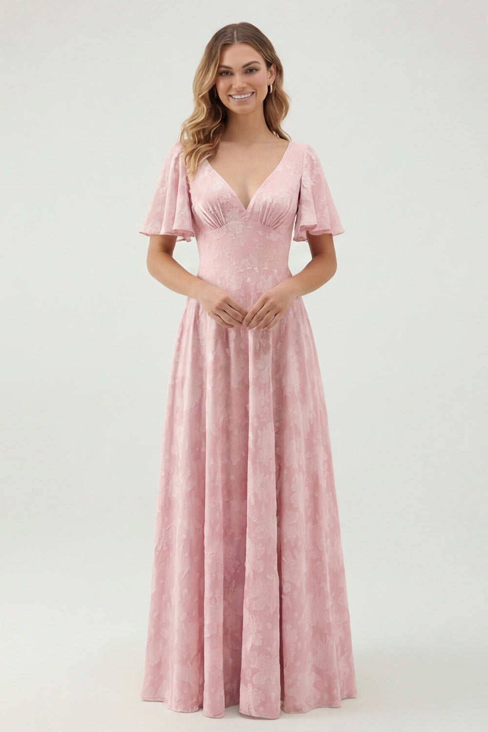 Robe longue de demoiselle d'honneur vert fleuri trapèze décolleté en V à manches courtes