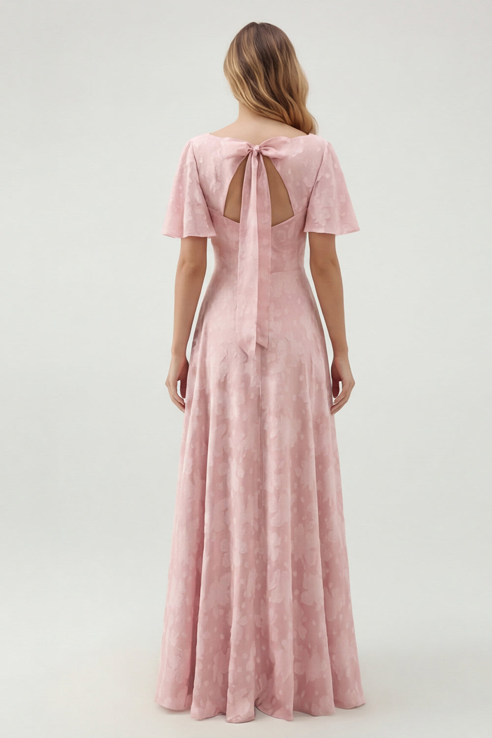 Robe longue de demoiselle d'honneur vert fleuri trapèze décolleté en V à manches courtes
