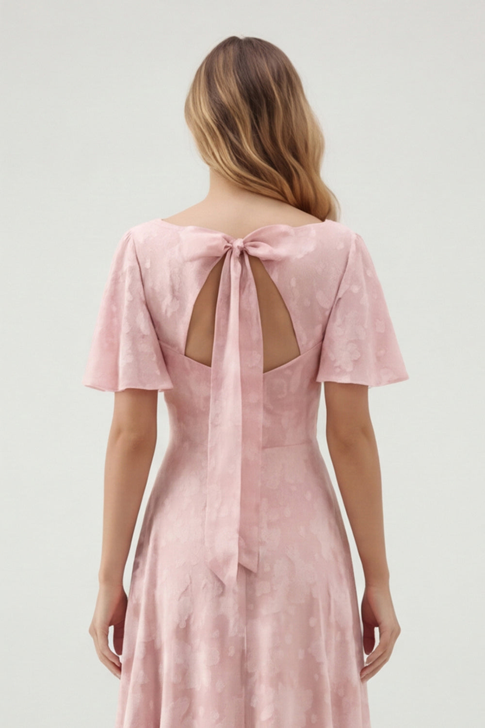 Robe longue de demoiselle d'honneur vert fleuri trapèze décolleté en V à manches courtes