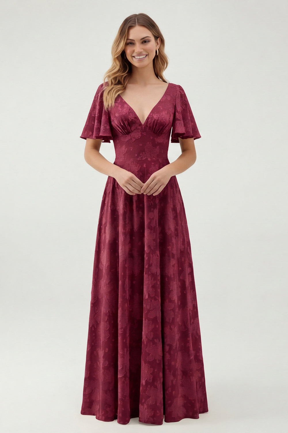 Robe longue de demoiselle d'honneur vert fleuri trapèze décolleté en V à manches courtes