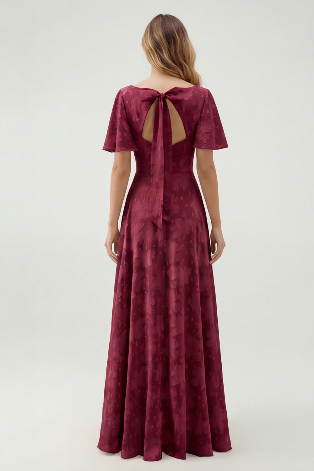 Robe longue de demoiselle d'honneur vert fleuri trapèze décolleté en V à manches courtes
