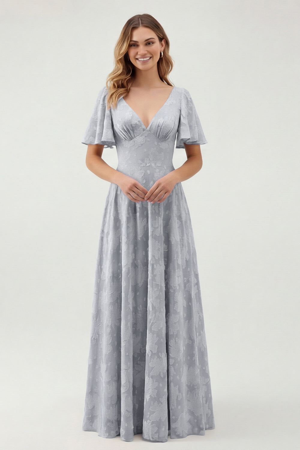 Robe longue de demoiselle d'honneur vert fleuri trapèze décolleté en V à manches courtes