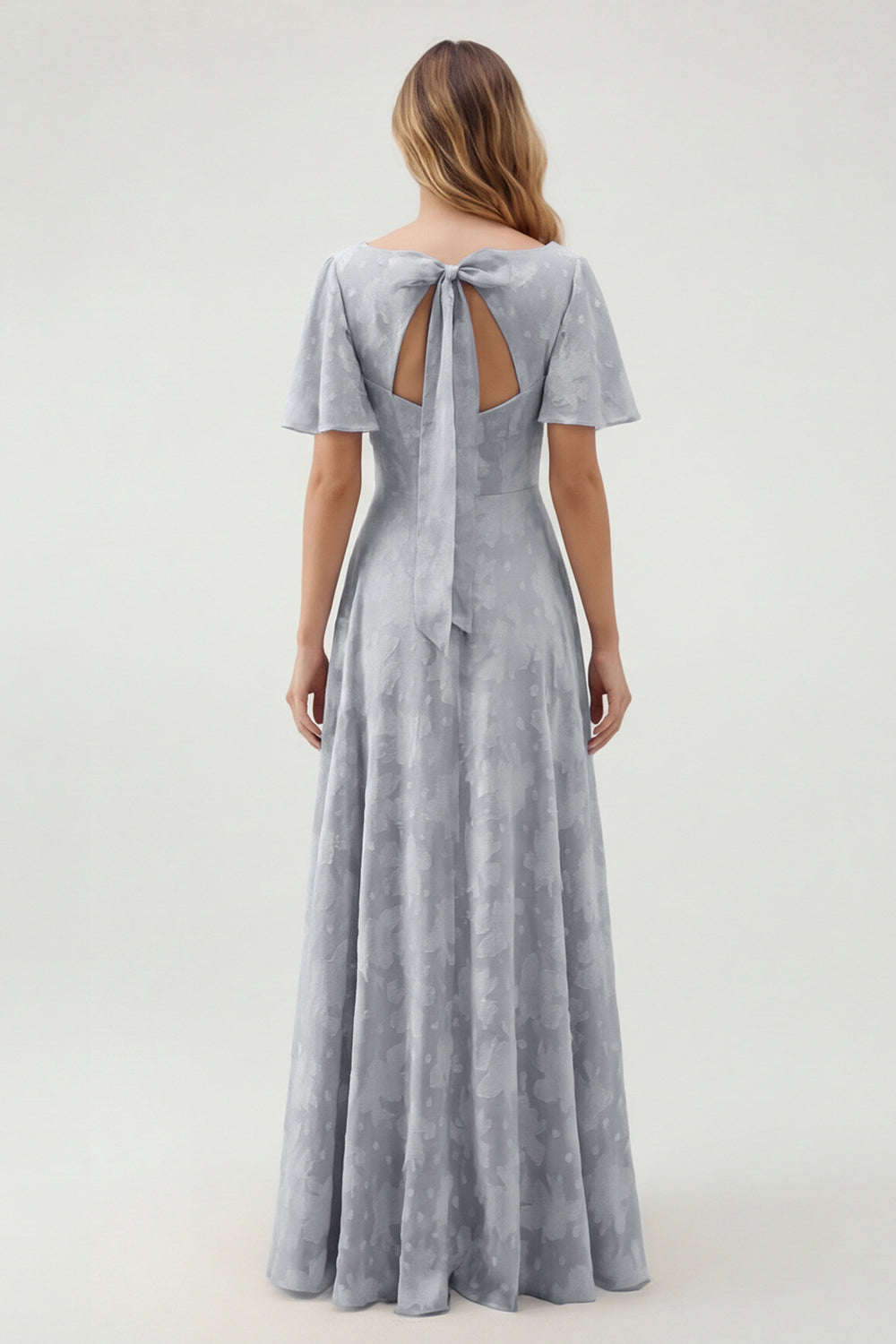 Robe longue de demoiselle d'honneur vert fleuri trapèze décolleté en V à manches courtes
