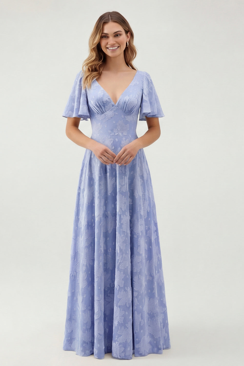 Robe longue de demoiselle d'honneur vert fleuri trapèze décolleté en V à manches courtes