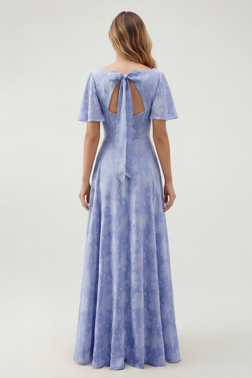Robe longue de demoiselle d'honneur vert fleuri trapèze décolleté en V à manches courtes
