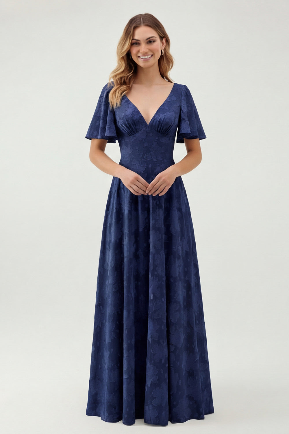 Robe longue de demoiselle d'honneur vert fleuri trapèze décolleté en V à manches courtes