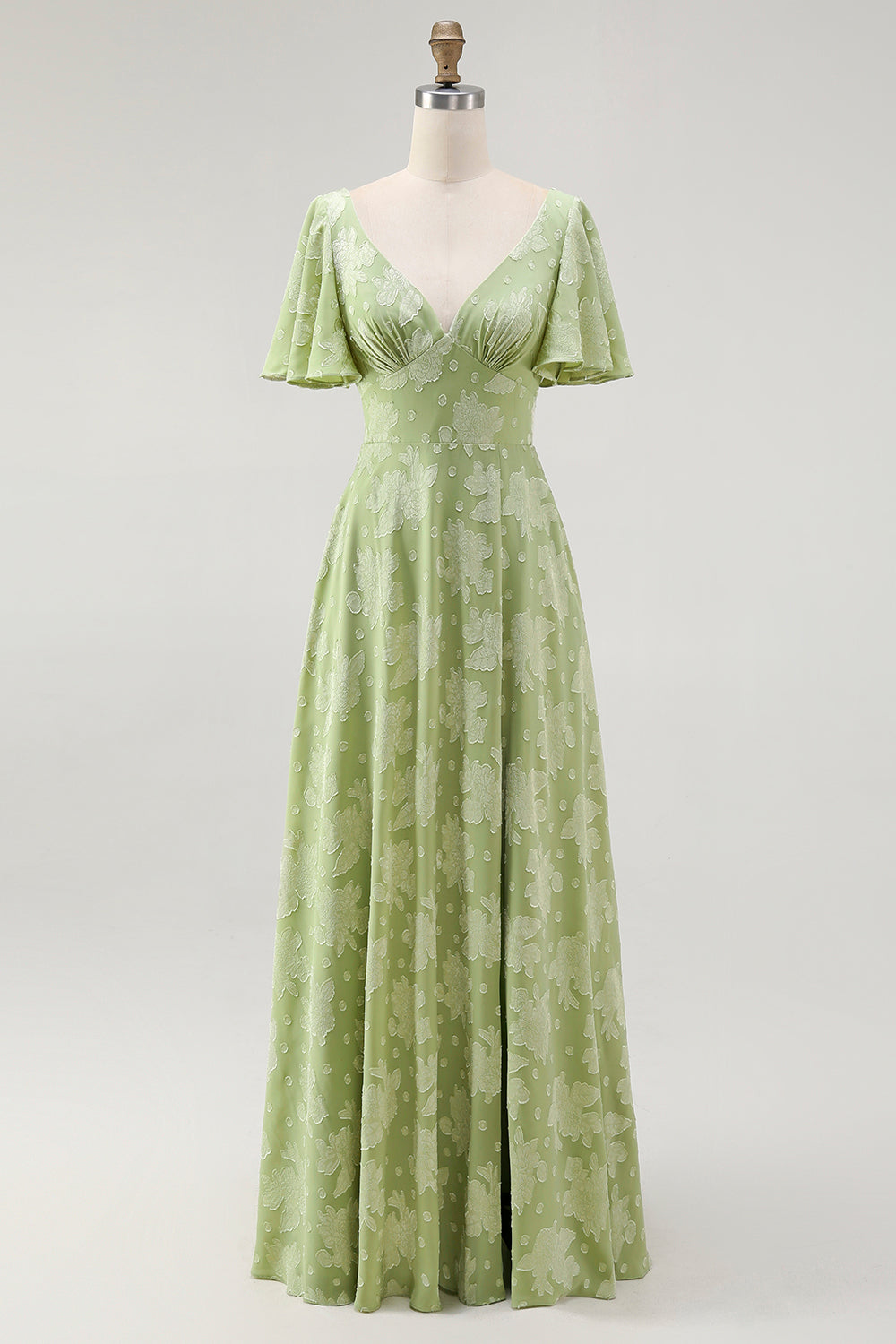 Robe longue de demoiselle d'honneur vert fleuri trapèze décolleté en V à manches courtes